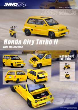 Honda  - City Turbo II & Motocompo 1984 yellow - 1:64 - Inno Models - IN64-CITYII-YL - in64CityII-YL | The Diecast Company
