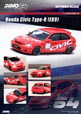 Honda  - Civic Type R red - 1:64 - Inno Models - in64-EK9-REDC - in64EK9REDC | The Diecast Company